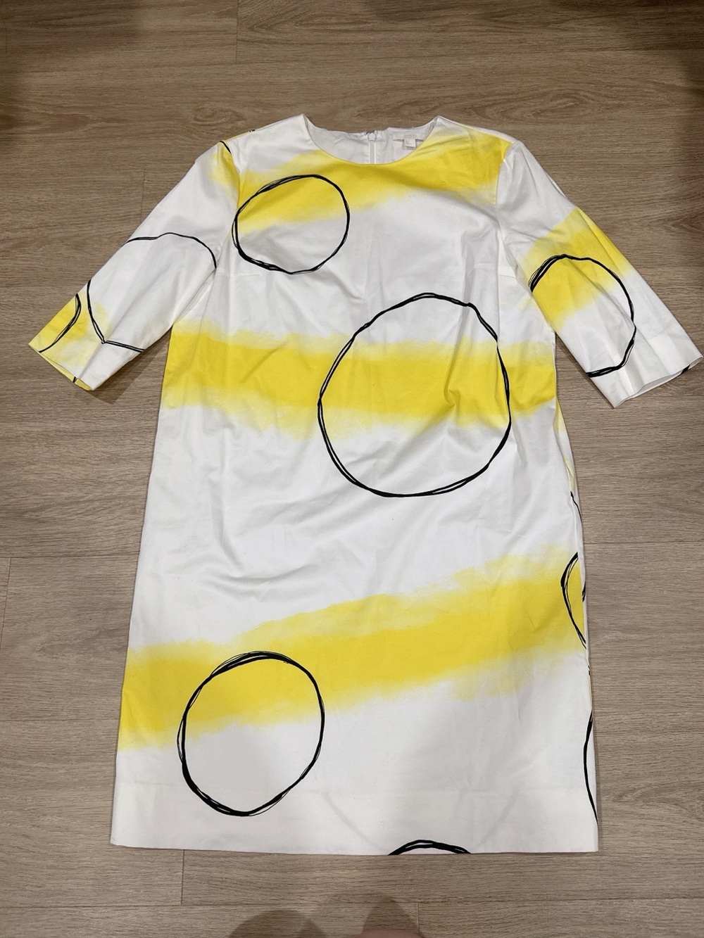 Cos White Shift Dress with Yellow Brush Stripes and Black Circle Print